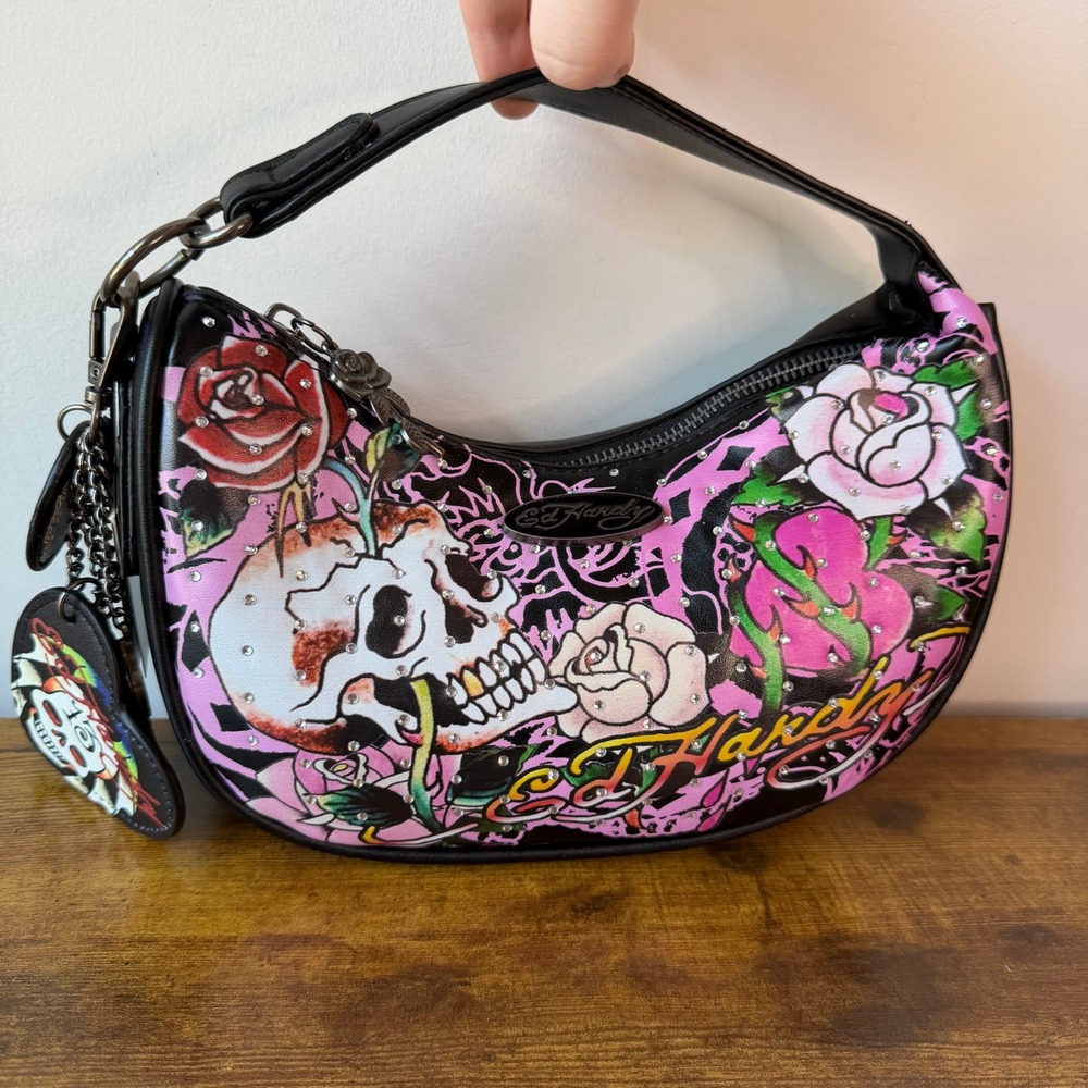 New Ed Hardy Black Pink Hobo Shoulder Handbag Skulls Roses Y2K Heart Retro